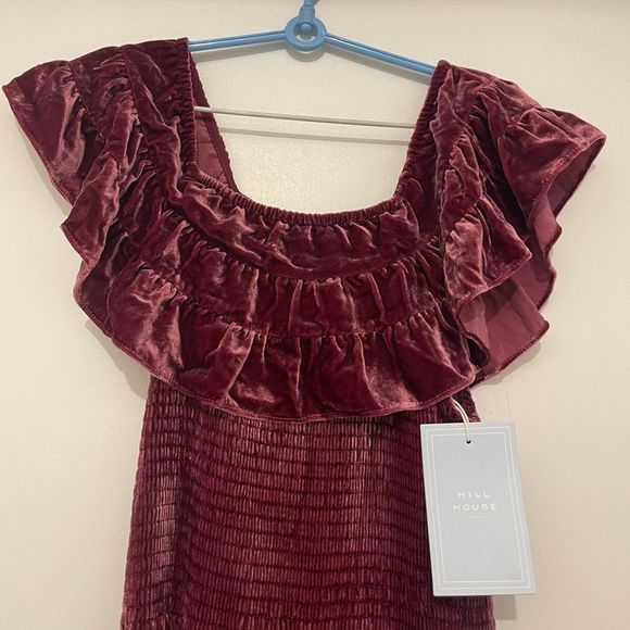 NWT Hill House Women's The Akilah Nap Midi Ruffle Dress Burgundy Velvet - Picture 5 of 14